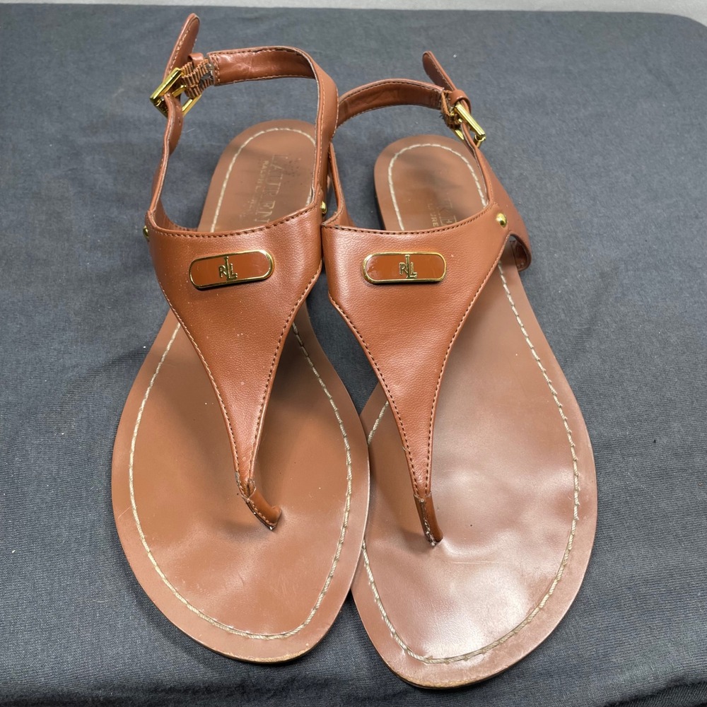 Lauren Ralph Lauren Women Thong Sandals Tan Faux Leather 9.5B Patsy Preppy